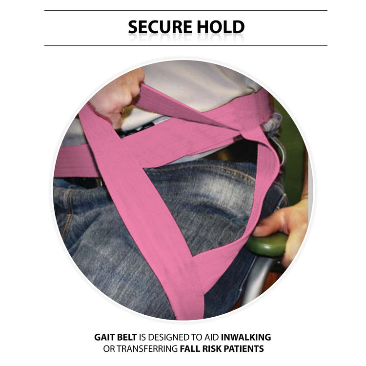 An instructional graphic titled "SECURE HOLD." The central image shows a caregiver's hands gripping the pink gait belt around a patient's waist to assist them. Text at the bottom explains: "GAIT BELT IS DESIGNED TO AID IN WALKING OR TRANSFERRING FALL RISK PATIENTS."
