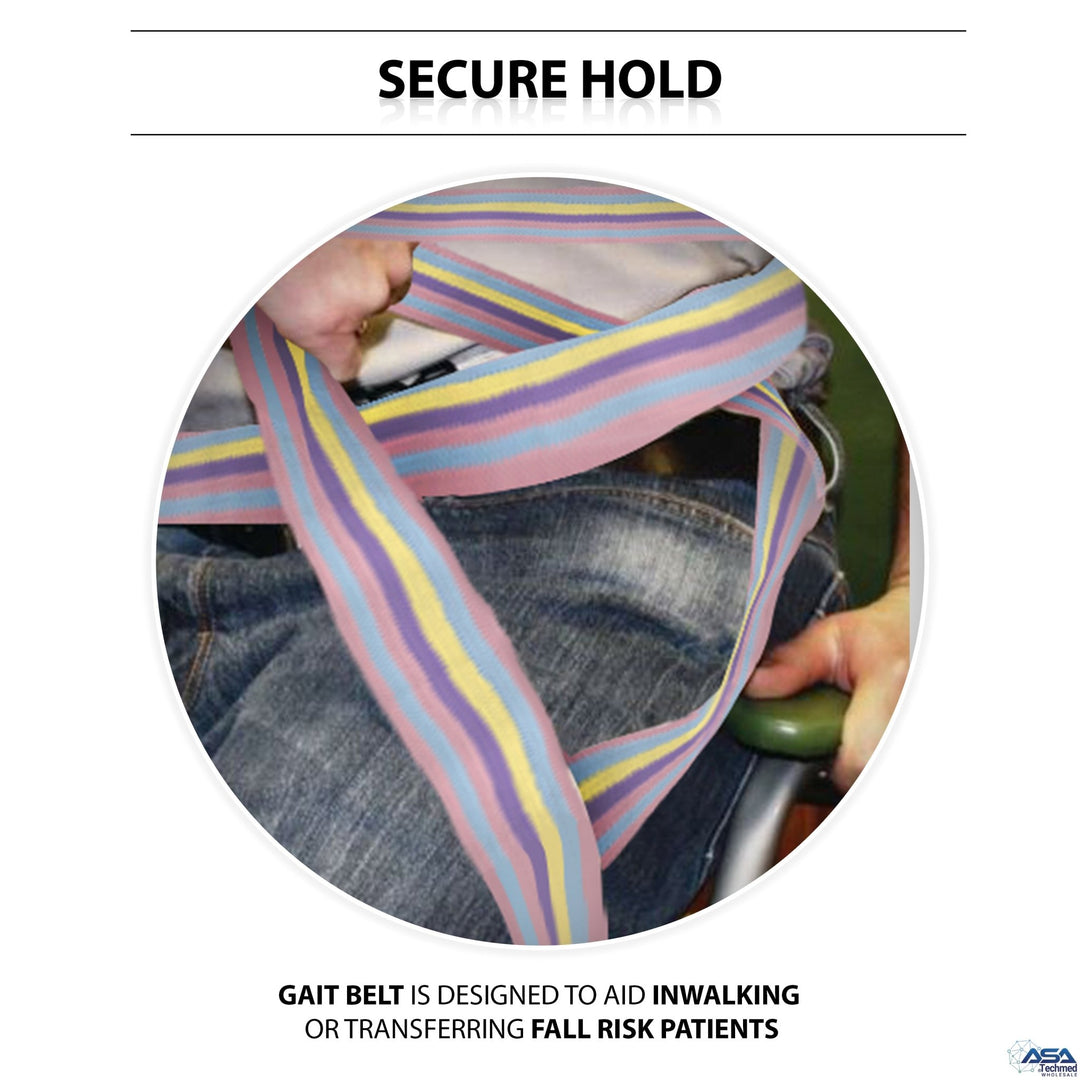 An instructional graphic titled "SECURE HOLD." The central image shows a caregiver's hands gripping the pastel colors gait belt around a patient's waist to assist them. Text at the bottom explains: "GAIT BELT IS DESIGNED TO AID IN WALKING OR TRANSFERRING FALL RISK PATIENTS."