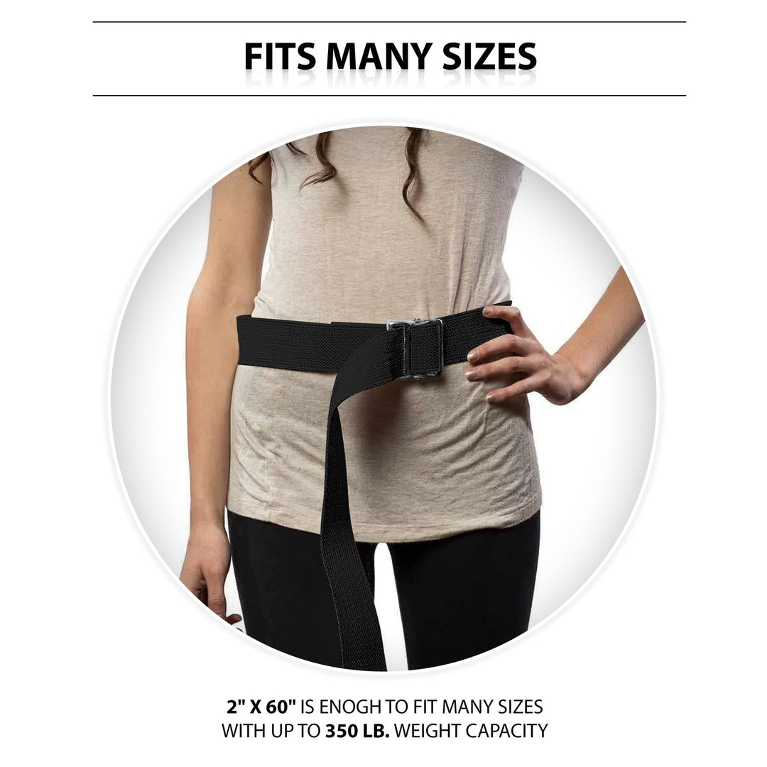 A photo demonstrating the fit of the belt on a woman's waist, titled "FITS MANY SIZES." The belt is cinched around her waist over a beige shirt. Text at the bottom states, "2" X 60" IS ENOGH TO FIT MANY SIZES WITH UP TO 350 LB. WEIGHT CAPACITY."