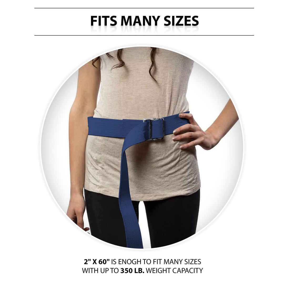 A photo demonstrating the fit of the belt on a woman's waist, titled "FITS MANY SIZES." The belt is cinched around her waist over a beige shirt. Text at the bottom states, "2" X 60" IS ENOGH TO FIT MANY SIZES WITH UP TO 350 LB. WEIGHT CAPACITY."