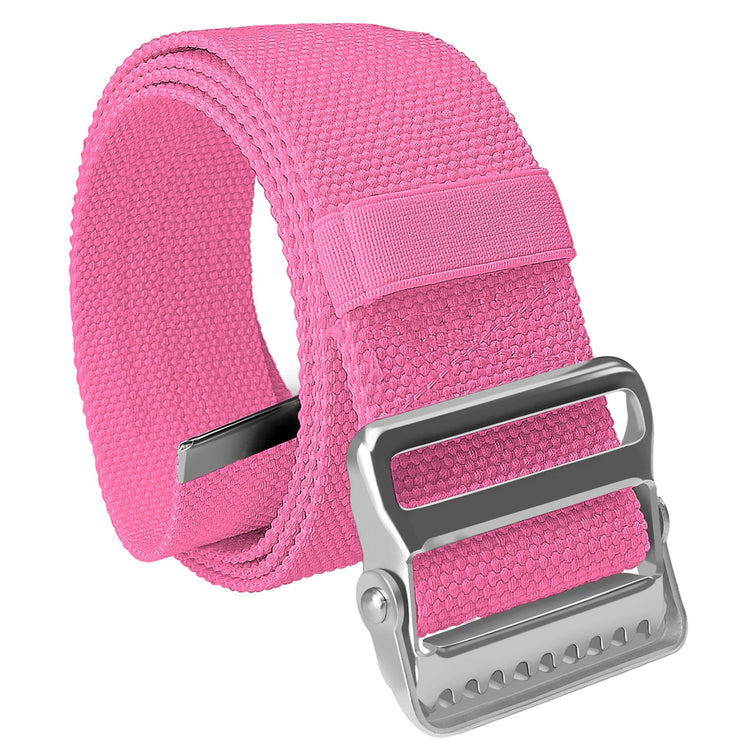 A high-angle studio shot of the pink gait belt coiled up. The large metal buckle is prominent in the foreground, showing the locking teeth mechanism, while the pastel colors cotton webbing is neatly rolled behind it.