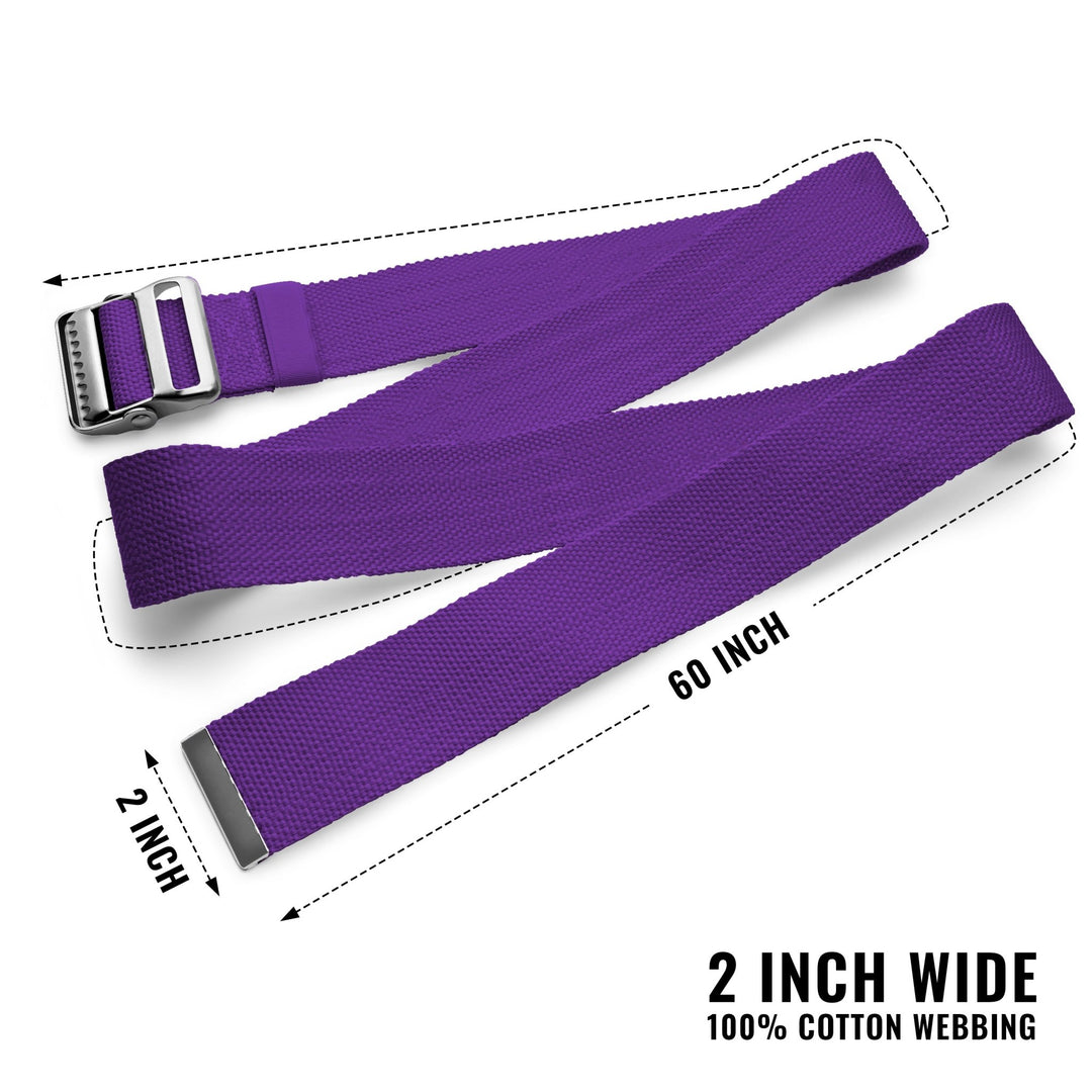 A product shot of a purple gait belt laid out flat to show its full length. Text annotations indicate the dimensions are "60 INCH" long and "2 INCH" wide. The bottom text reads "2 INCH WIDE 100% COTTON WEBBING." The belt features a metal buckle with teeth on one end and a metal tip on the other.