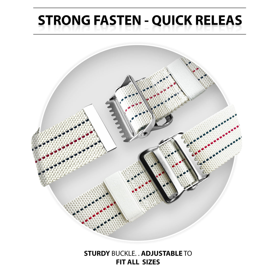 A split image titled "STRONG FASTEN - QUICK RELEASE." The top half shows the metal buckle open with the teeth visible, while the bottom half shows the belt securely fastened. Text at the bottom reads, "STURDY BUCKLE.. ADJUSTABLE TO FIT ALL SIZES."