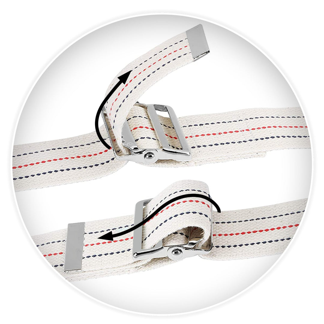 A close-up diagram showing how to thread the buckle. Two steps are illustrated with grey arrows: the top image shows the strap being pulled up through the teothed side of the metal buckle, and the bottom image shows the strap being threaded back down through the outer slot to secure it.