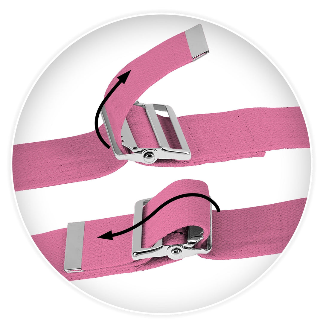 A close-up diagram showing how to thread the buckle. Two steps are illustrated with grey arrows: the top image shows the strap being pulled up through the teothed side of the metal buckle, and the bottom image shows the strap being threaded back down through the outer slot to secure it.