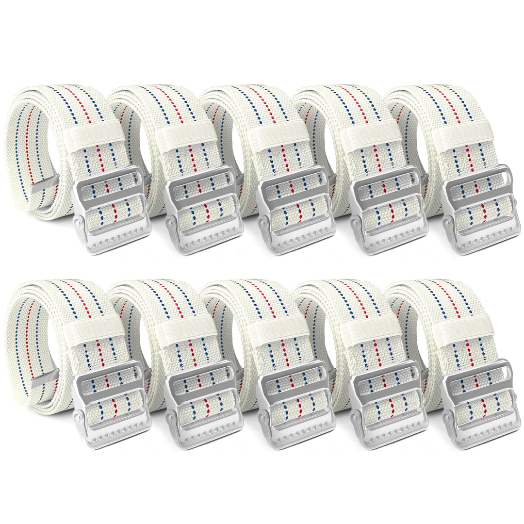 A studio shot of a bulk set containing ten beige gait belts. The belts are neatly arranged in two parallel rows of five against a white background. Each item is coiled to display the heavy-duty metal buckle and the texture of the cotton strap.