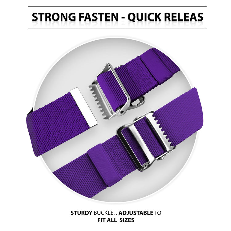 A split image titled "STRONG FASTEN - QUICK RELEASE." The top half shows the metal buckle open with the teeth visible, while the bottom half shows the belt securely fastened. Text at the bottom reads, "STURDY BUCKLE.. ADJUSTABLE TO FIT ALL SIZES."