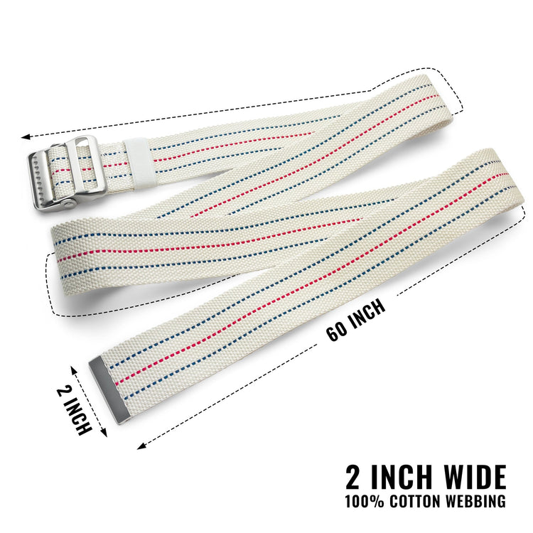 A product shot of a beige gait belt laid out flat to show its full length. Text annotations indicate the dimensions are "60 INCH" long and "2 INCH" wide. The bottom text reads "2 INCH WIDE 100% COTTON WEBBING." The belt features a metal buckle with teeth on one end and a metal tip on the other.