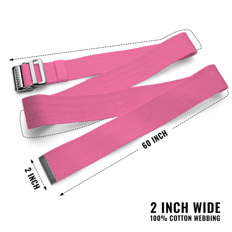 A product shot of a pink gait belt laid out flat to show its full length. Text annotations indicate the dimensions are "60 INCH" long and "2 INCH" wide. The bottom text reads "2 INCH WIDE 100% COTTON WEBBING." The belt features a metal buckle with teeth on one end and a metal tip on the other.