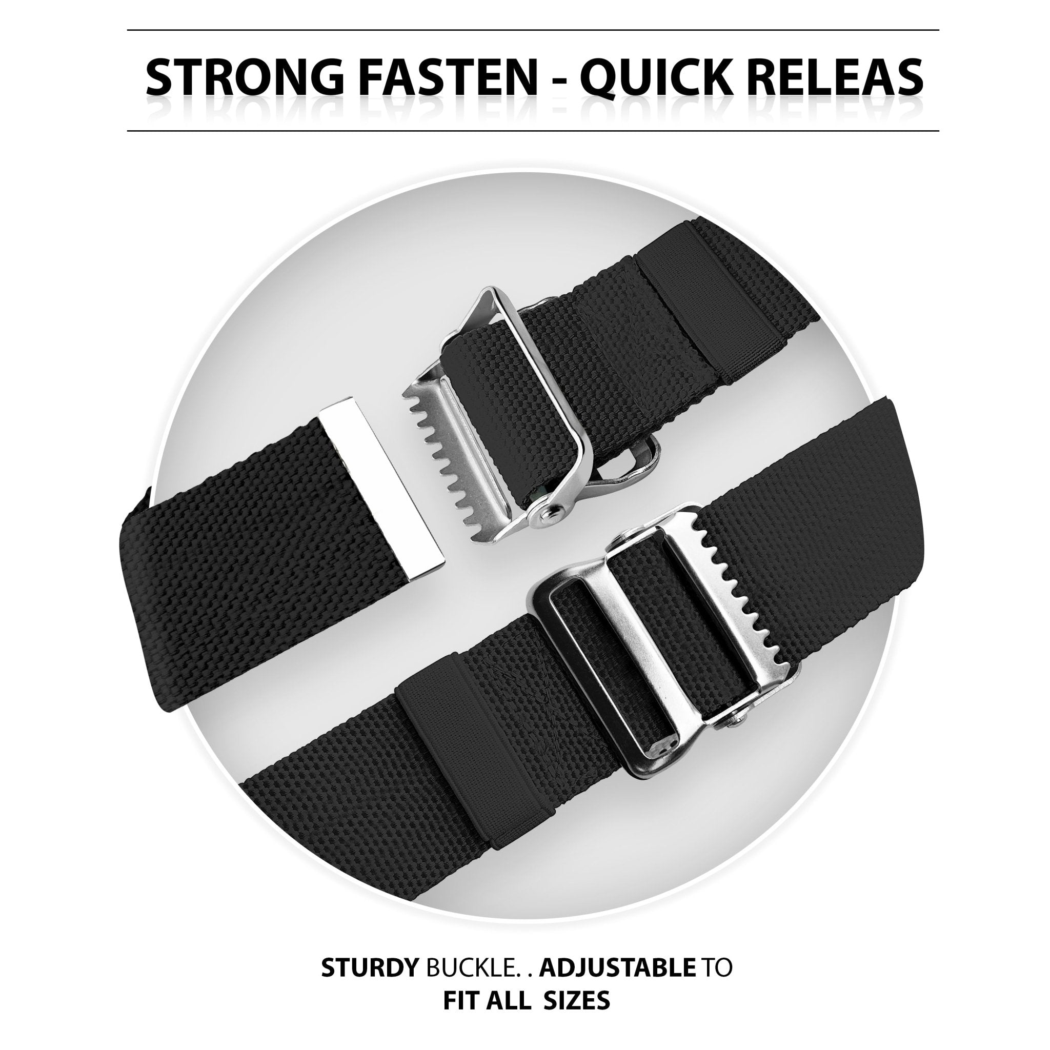 A split image titled "STRONG FASTEN - QUICK RELEASE." The top half shows the metal buckle open with the teeth visible, while the bottom half shows the belt securely fastened. Text at the bottom reads, "STURDY BUCKLE.. ADJUSTABLE TO FIT ALL SIZES."