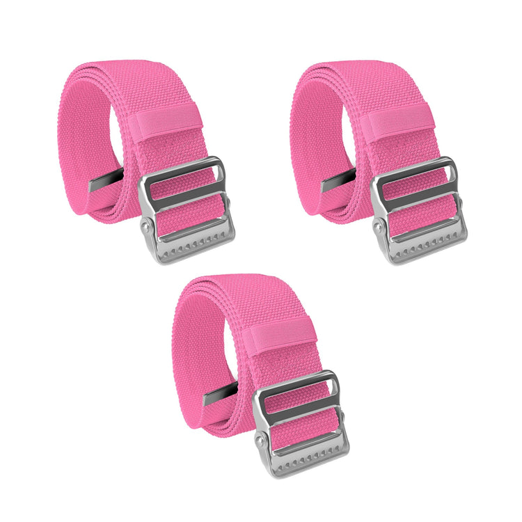 A product display showing a set of three identical pink gait belts arranged on a white background. Two belts are positioned in a top row and one is centered below them. Each belt is coiled to showcase the silver metal buckle with locking teeth and the pink cotton webbing.