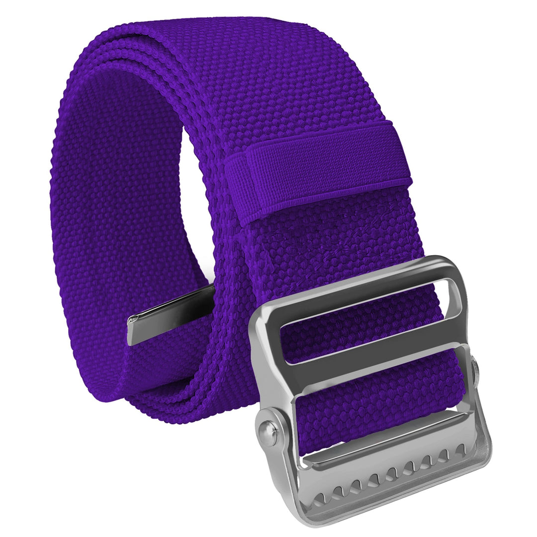 A high-angle studio shot of the purple gait belt coiled up. The large metal buckle is prominent in the foreground, showing the locking teeth mechanism, while the pastel colors cotton webbing is neatly rolled behind it.