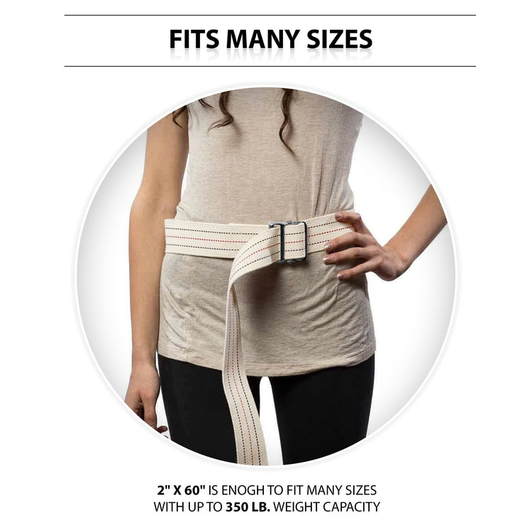 A photo demonstrating the fit of the belt on a woman's waist, titled "FITS MANY SIZES." The belt is cinched around her waist over a beige shirt. Text at the bottom states, "2" X 60" IS ENOGH TO FIT MANY SIZES WITH UP TO 350 LB. WEIGHT CAPACITY."