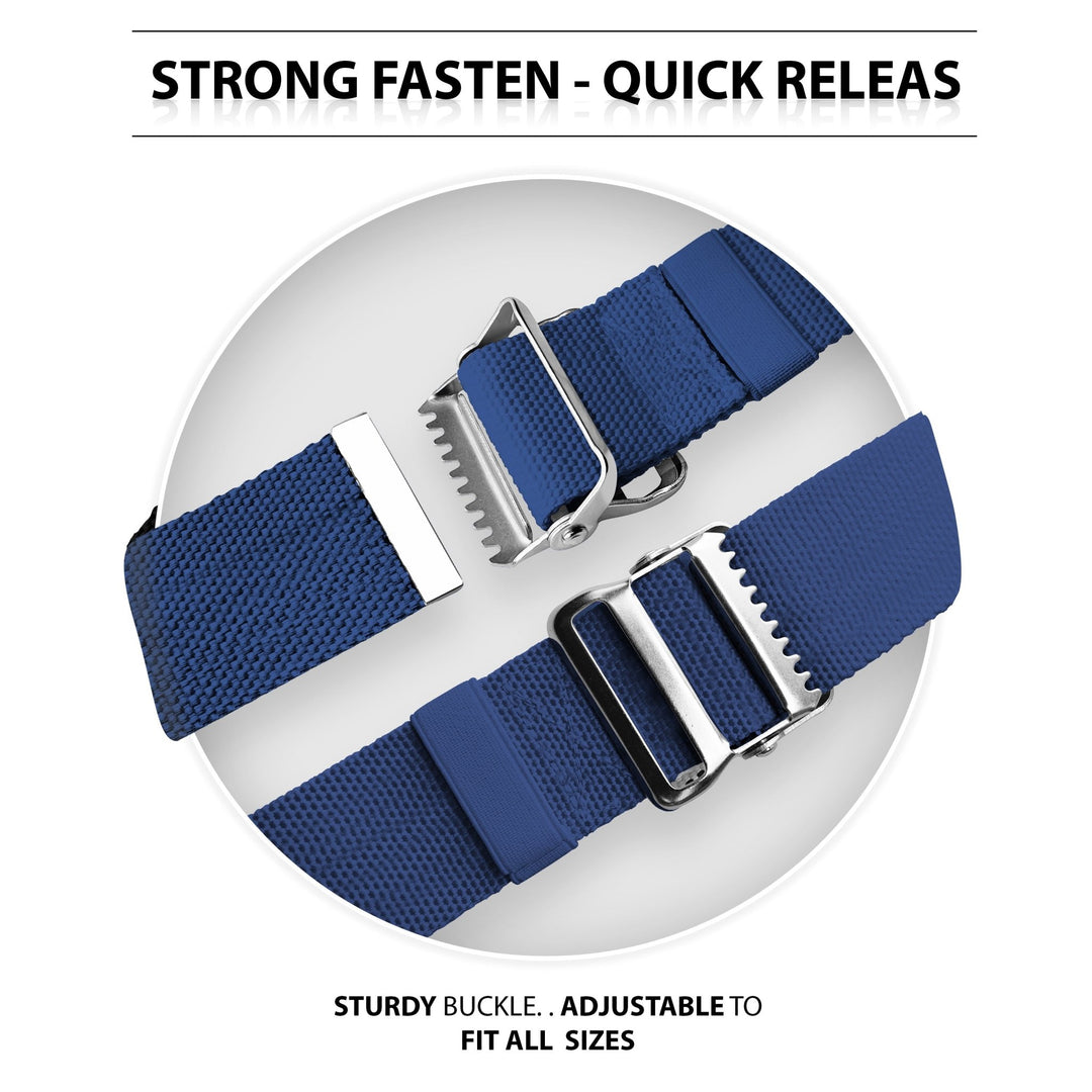 A split image titled "STRONG FASTEN - QUICK RELEASE." The top half shows the metal buckle open with the teeth visible, while the bottom half shows the belt securely fastened. Text at the bottom reads, "STURDY BUCKLE.. ADJUSTABLE TO FIT ALL SIZES."