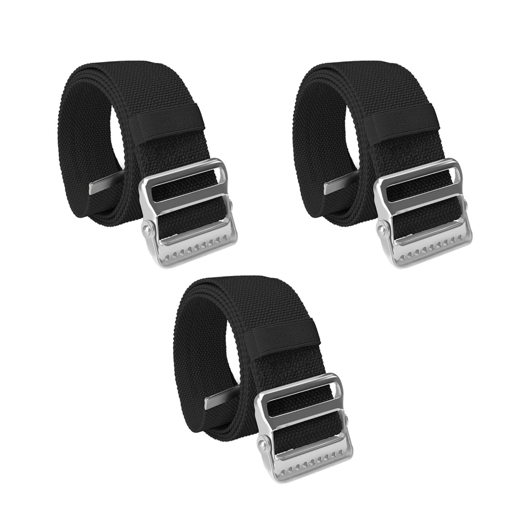 A product display showing a set of three identical black gait belts arranged on a white background. Two belts are positioned in a top row and one is centered below them. Each belt is coiled to showcase the silver metal buckle with locking teeth and the black cotton webbing.