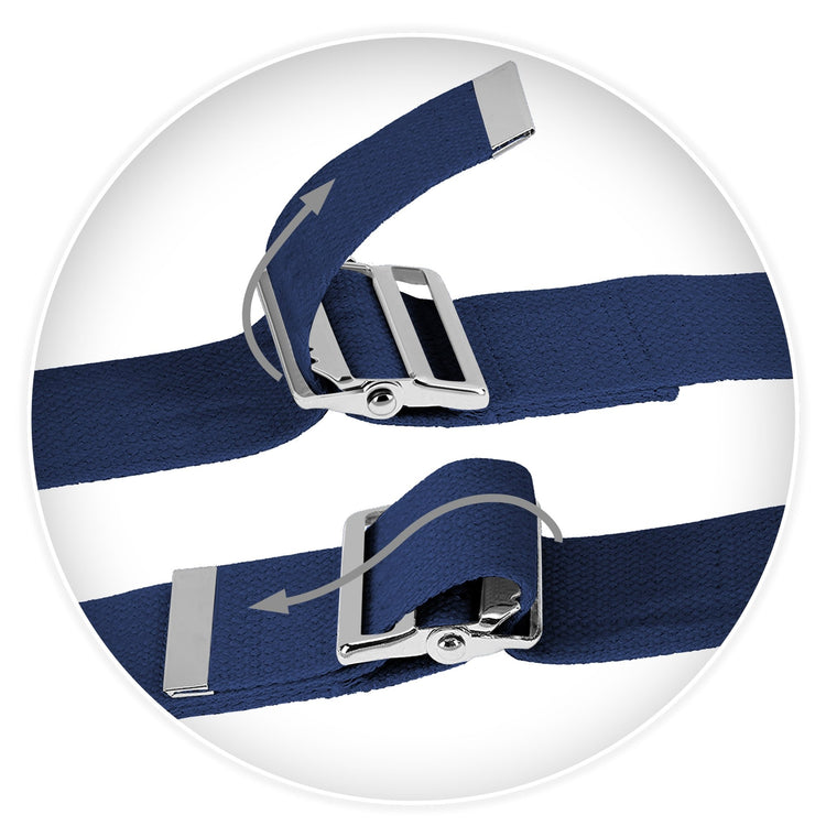 A close-up diagram showing how to thread the buckle. Two steps are illustrated with grey arrows: the top image shows the strap being pulled up through the teothed side of the metal buckle, and the bottom image shows the strap being threaded back down through the outer slot to secure it.