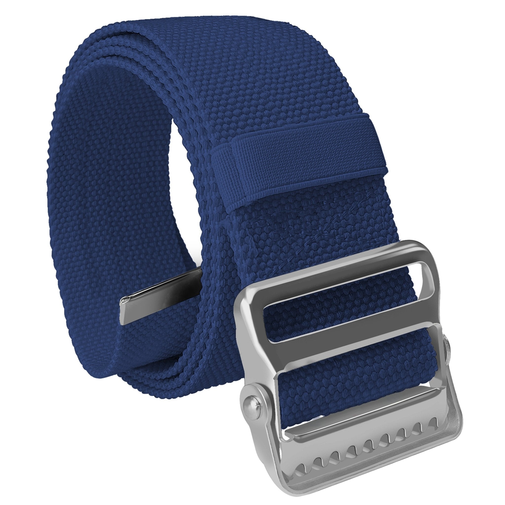 A high-angle studio shot of the navy blue gait belt coiled up. The large metal buckle is prominent in the foreground, showing the locking teeth mechanism, while the pastel colors cotton webbing is neatly rolled behind it.