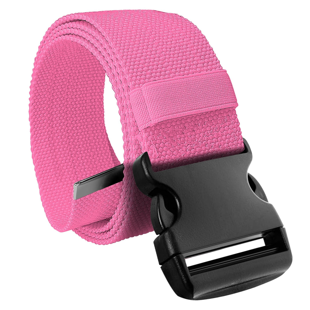 A studio product shot of the pink gait belt coiled up. The focus is on the black plastic quick-release buckle in the foreground, with the textured pink cotton strap rolled neatly behind it.