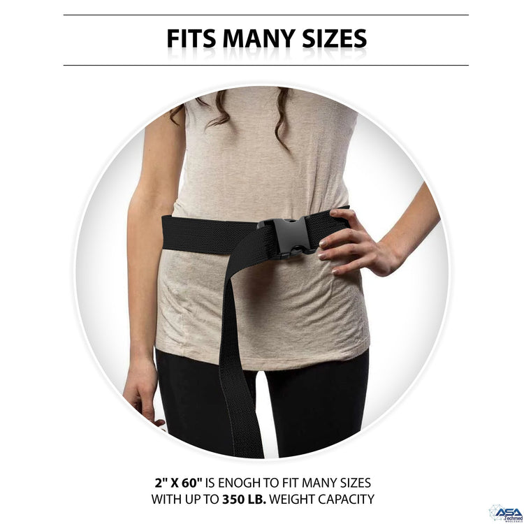A lifestyle photo titled "FITS MANY SIZES" showing a woman wearing the black gait belt over a beige top. The text at the bottom states, "2" X 60" IS ENOGH TO FIT MANY SIZES WITH UP TO 350 LB. WEIGHT CAPACITY."