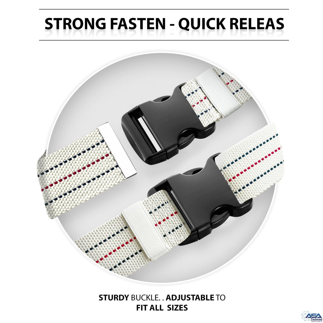 A split-view image titled "STRONG FASTEN - QUICK RELEASE." The top half displays the black plastic buckle unclipped to show the male and female parts, while the bottom half shows it securely clicked together. Text reads, "STURDY BUCKLE.. ADJUSTABLE TO FIT ALL SIZES."