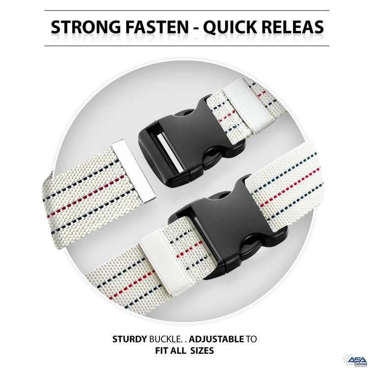 A split-view image titled "STRONG FASTEN - QUICK RELEASE." The top half displays the black plastic buckle unclipped to show the male and female parts, while the bottom half shows it securely clicked together. Text reads, "STURDY BUCKLE.. ADJUSTABLE TO FIT ALL SIZES."