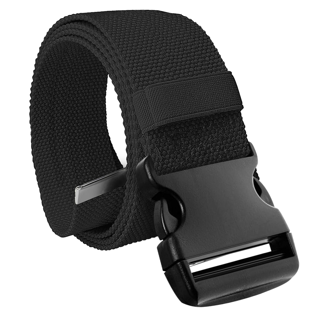A studio product shot of the black gait belt coiled up. The focus is on the black plastic quick-release buckle in the foreground, with the textured pink cotton strap rolled neatly behind it.