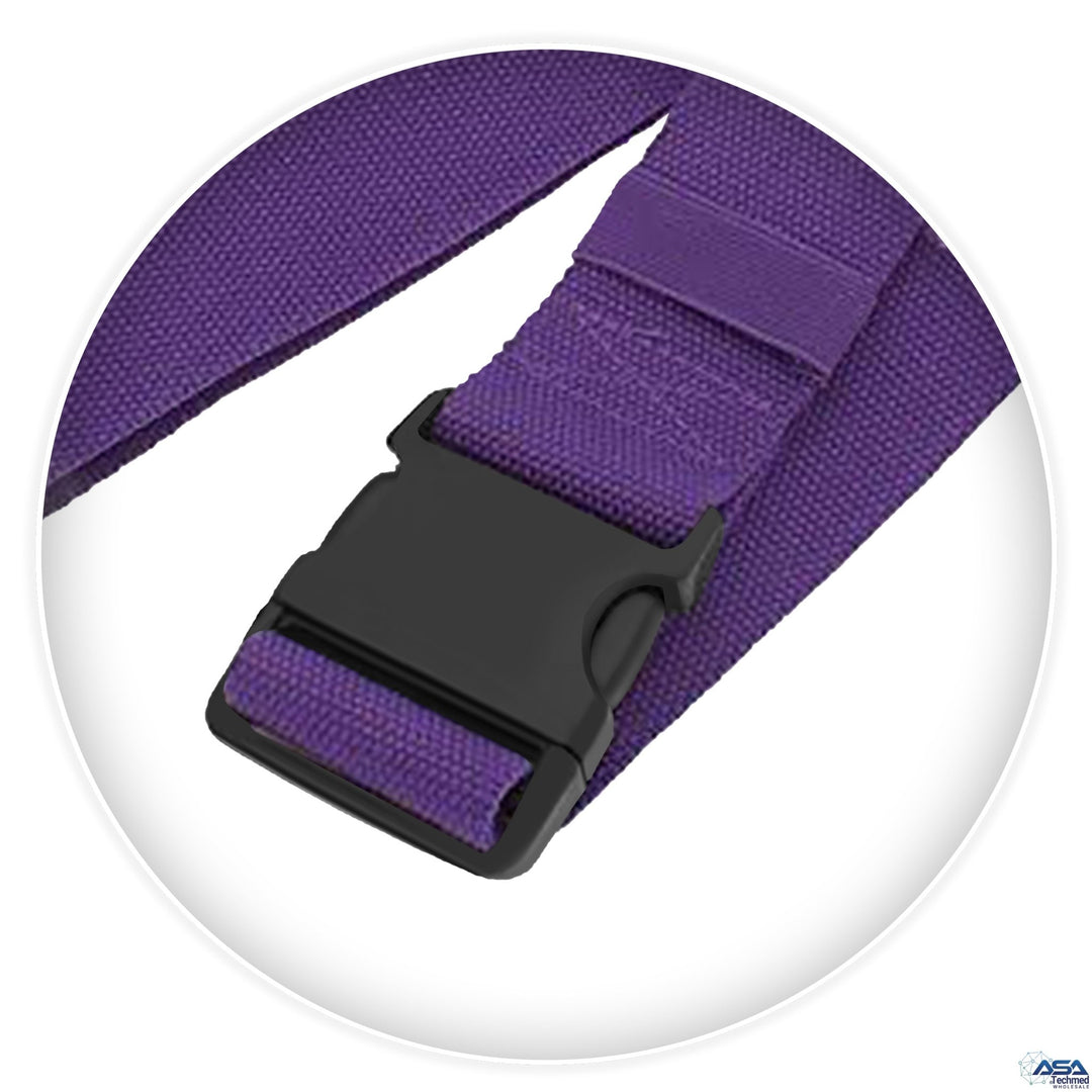 A close-up detail shot of the gait belt's fastening mechanism. The image shows a black, heavy-duty plastic quick-release buckle securely attached to the purple cotton webbing strap.