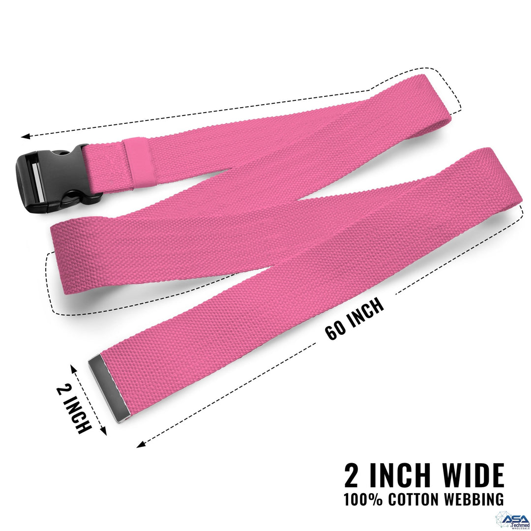 A product shot of the pink gait belt laid out flat to demonstrate its dimensions. Arrows and text indicate a length of "60 INCH" and a width of "2 INCH." Text at the bottom confirms the material is "2 INCH WIDE 100% COTTON WEBBING."