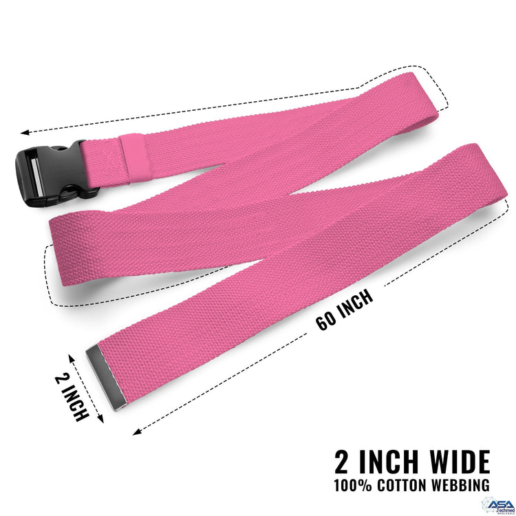 A product shot of the pink gait belt laid out flat to demonstrate its dimensions. Arrows and text indicate a length of "60 INCH" and a width of "2 INCH." Text at the bottom confirms the material is "2 INCH WIDE 100% COTTON WEBBING."