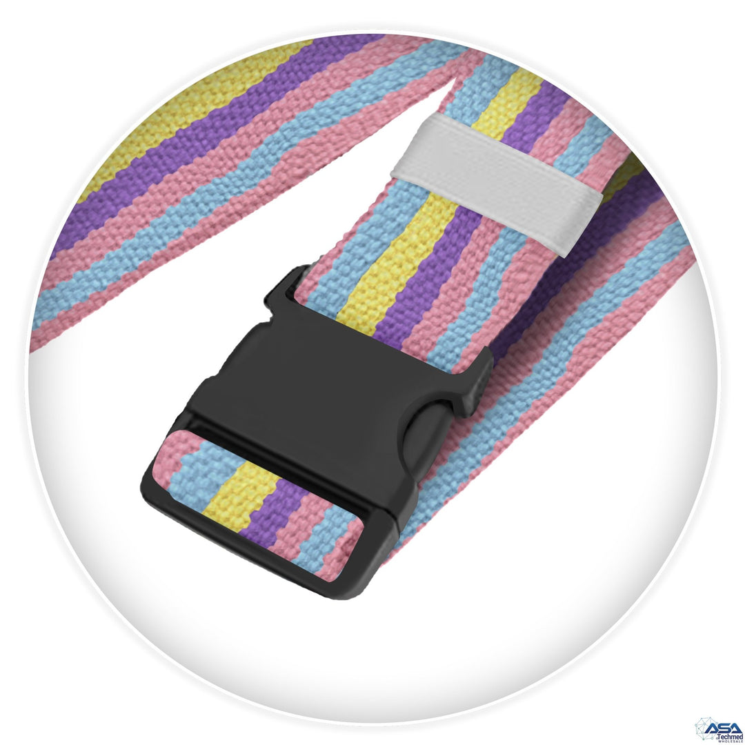 A close-up detail shot of the gait belt's fastening mechanism. The image shows a black, heavy-duty plastic quick-release buckle securely attached to the pastel  colors cotton webbing strap.