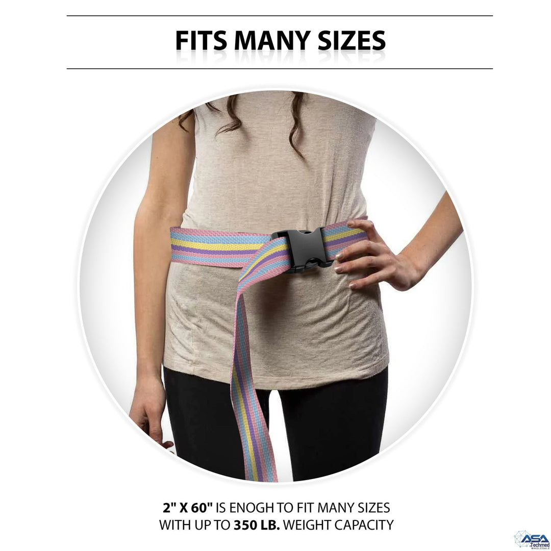 A lifestyle photo titled "FITS MANY SIZES" showing a woman wearing the pastel colors gait belt over a beige top. The text at the bottom states, "2" X 60" IS ENOGH TO FIT MANY SIZES WITH UP TO 350 LB. WEIGHT CAPACITY."