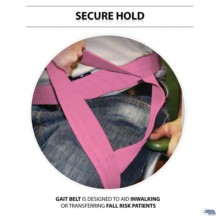 An instructional graphic titled "SECURE HOLD." It depicts a caregiver's hands grasping the pink gait belt around a patient's waist to provide support. The text below explains: "GAIT BELT IS DESIGNED TO AID IN WALKING OR TRANSFERRING FALL RISK PATIENTS."