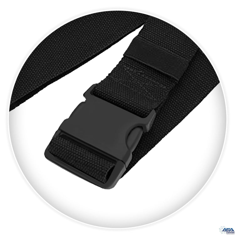 A close-up detail shot of the gait belt's fastening mechanism. The image shows a black, heavy-duty plastic quick-release buckle securely attached to the black cotton webbing strap.