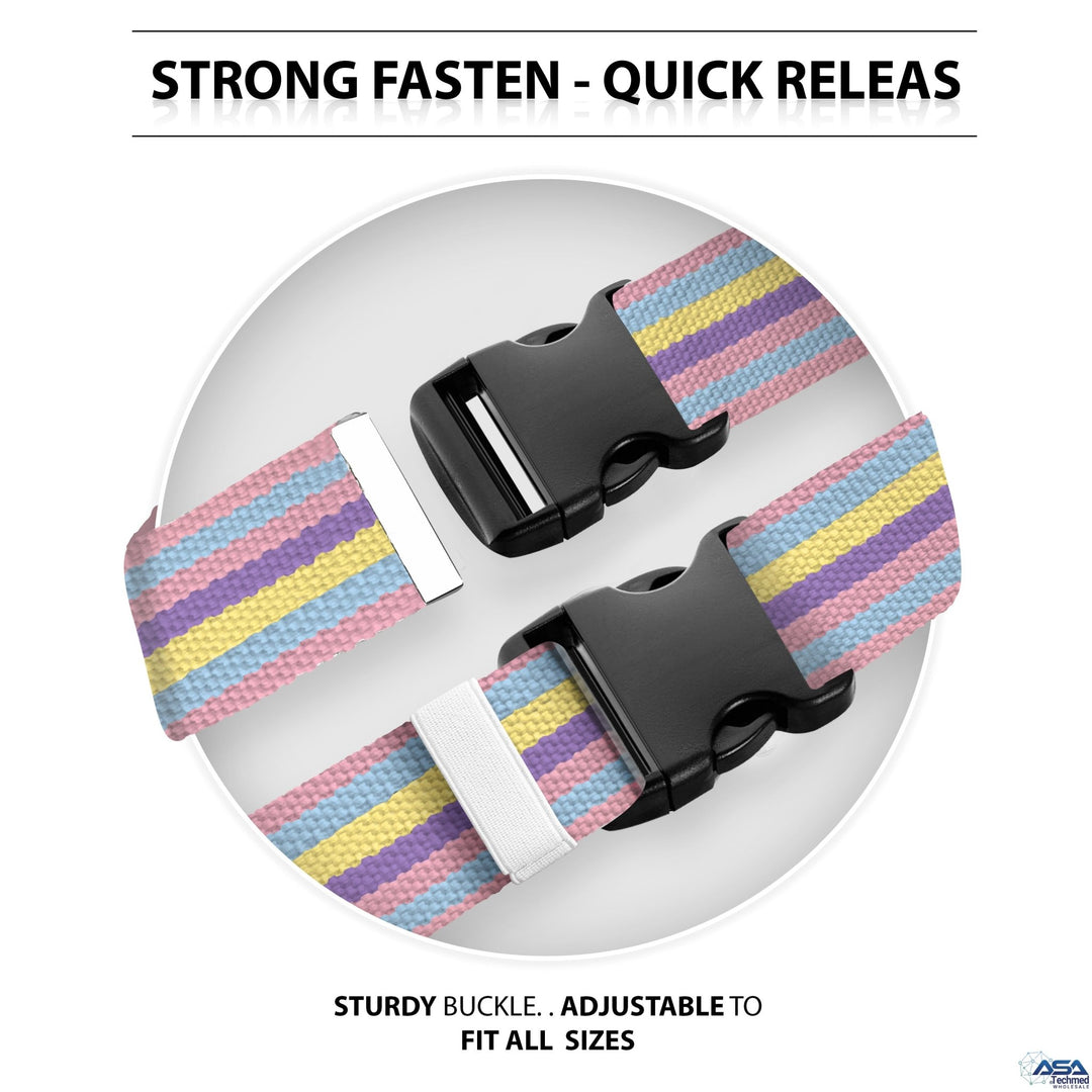 A split-view image titled "STRONG FASTEN - QUICK RELEASE." The top half displays the black plastic buckle unclipped to show the male and female parts, while the bottom half shows it securely clicked together. Text reads, "STURDY BUCKLE.. ADJUSTABLE TO FIT ALL SIZES."