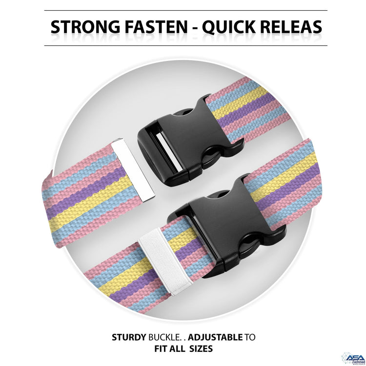 A split-view image titled "STRONG FASTEN - QUICK RELEASE." The top half displays the black plastic buckle unclipped to show the male and female parts, while the bottom half shows it securely clicked together. Text reads, "STURDY BUCKLE.. ADJUSTABLE TO FIT ALL SIZES."