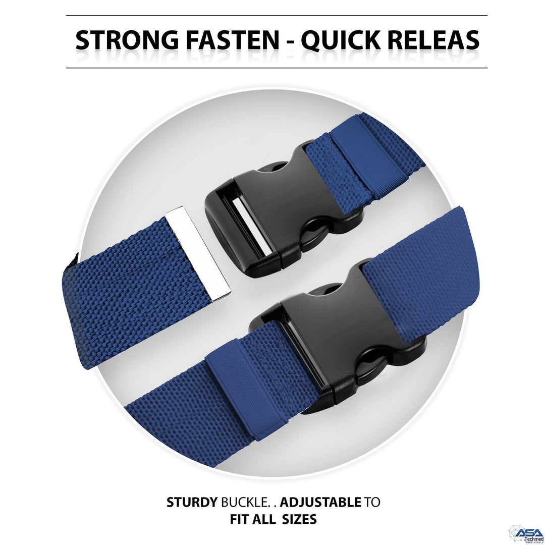 A split-view image titled "STRONG FASTEN - QUICK RELEASE." The top half displays the black plastic buckle unclipped to show the male and female parts, while the bottom half shows it securely clicked together. Text reads, "STURDY BUCKLE.. ADJUSTABLE TO FIT ALL SIZES."