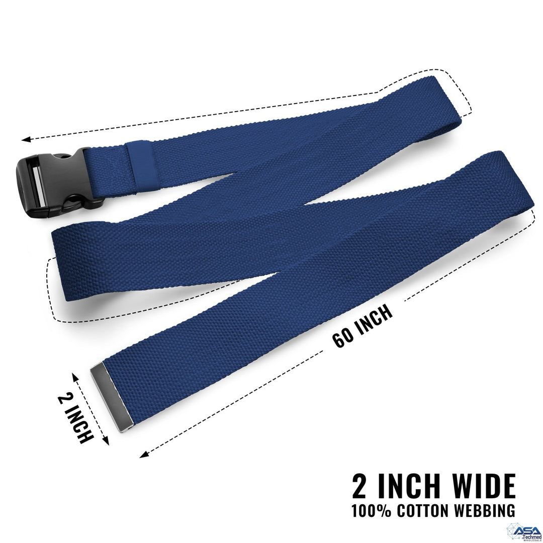 A product shot of the navy blue gait belt laid out flat to demonstrate its dimensions. Arrows and text indicate a length of "60 INCH" and a width of "2 INCH." Text at the bottom confirms the material is "2 INCH WIDE 100% COTTON WEBBING."