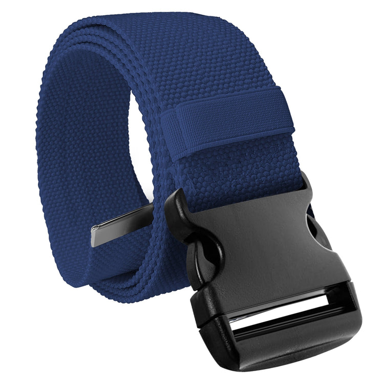 A studio product shot of the navy blue gait belt coiled up. The focus is on the black plastic quick-release buckle in the foreground, with the textured pink cotton strap rolled neatly behind it.