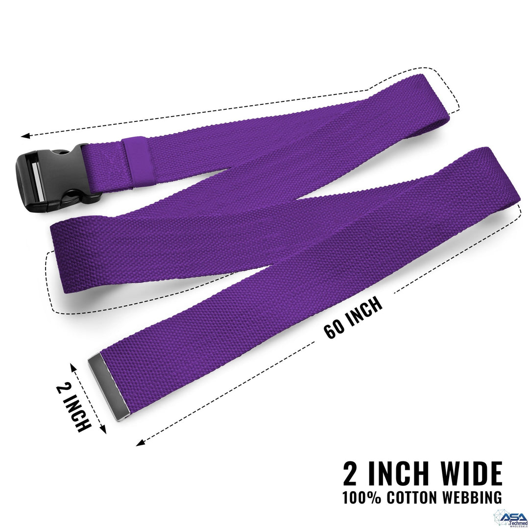 A product shot of the purple gait belt laid out flat to demonstrate its dimensions. Arrows and text indicate a length of "60 INCH" and a width of "2 INCH." Text at the bottom confirms the material is "2 INCH WIDE 100% COTTON WEBBING."