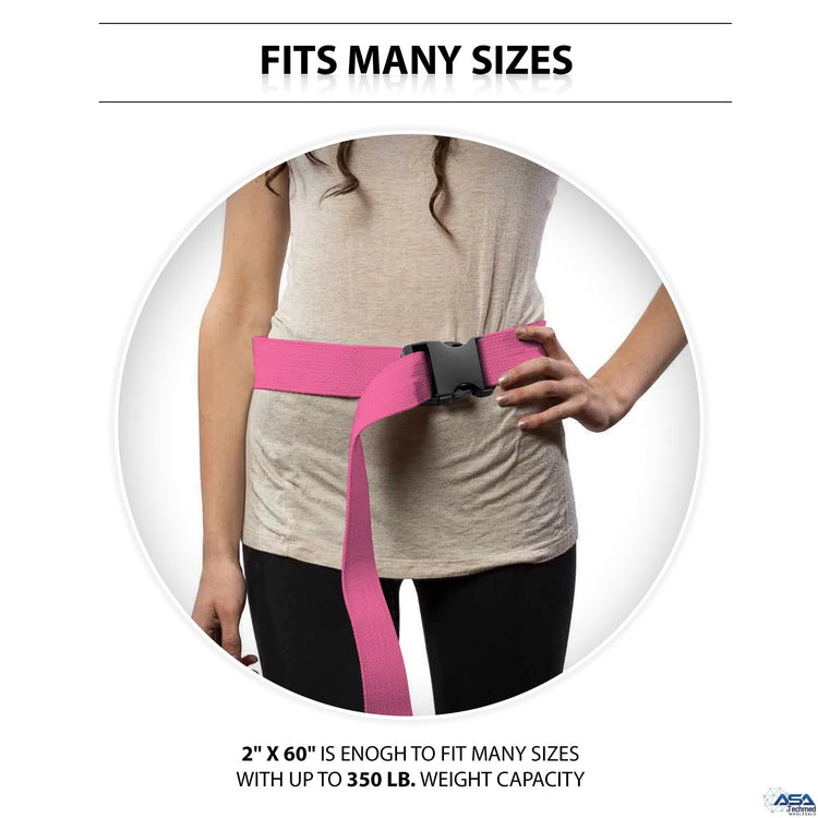 A lifestyle photo titled "FITS MANY SIZES" showing a woman wearing the pink gait belt over a beige top. The text at the bottom states, "2" X 60" IS ENOGH TO FIT MANY SIZES WITH UP TO 350 LB. WEIGHT CAPACITY."