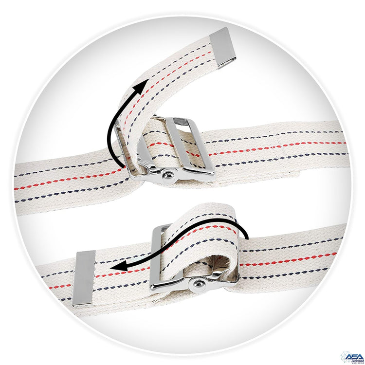 A close-up detail shot of the gait belt's fastening mechanism. The image shows a black, heavy-duty plastic quick-release buckle securely attached to the beige cotton webbing strap.