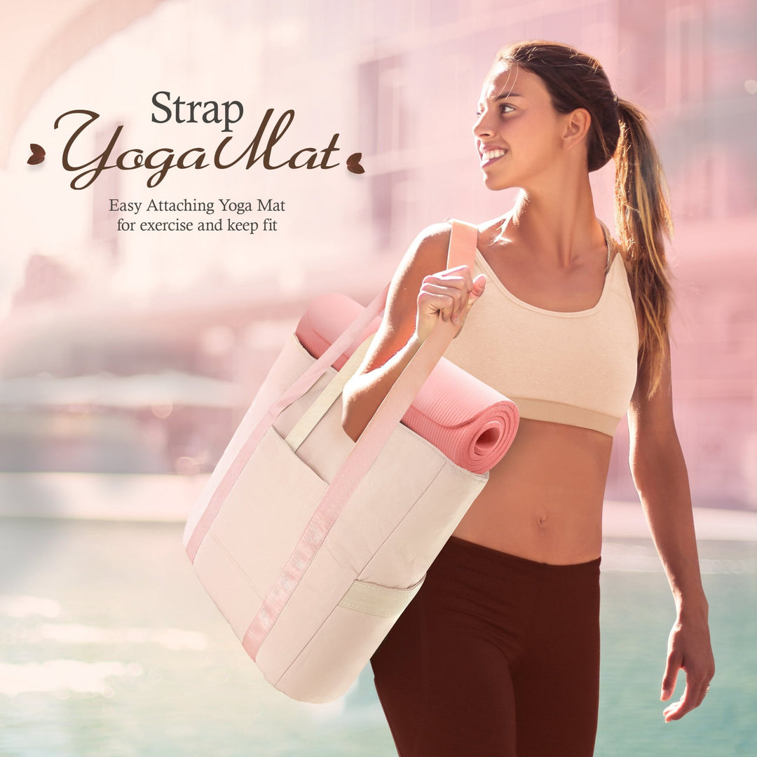 A lifestyle shot of a smiling woman in athletic wear carrying the apricot tote bag on her shoulder. A rolled pink yoga mat is secured horizontally through the bag's straps. Text reads, "Strap Yoga Mat: Easy Attaching Yoga Mat for exercise and keep fit."