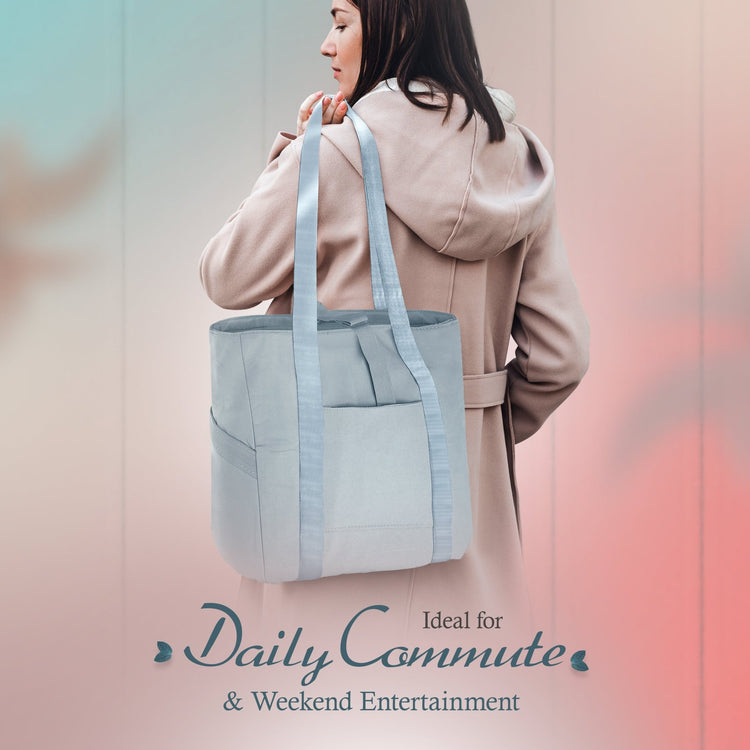 A lifestyle photo of a woman in a beige coat carrying the blue tote bag over her shoulder, viewed from behind. Text at the bottom states, "Ideal for Daily Commute & Weekend Entertainment."