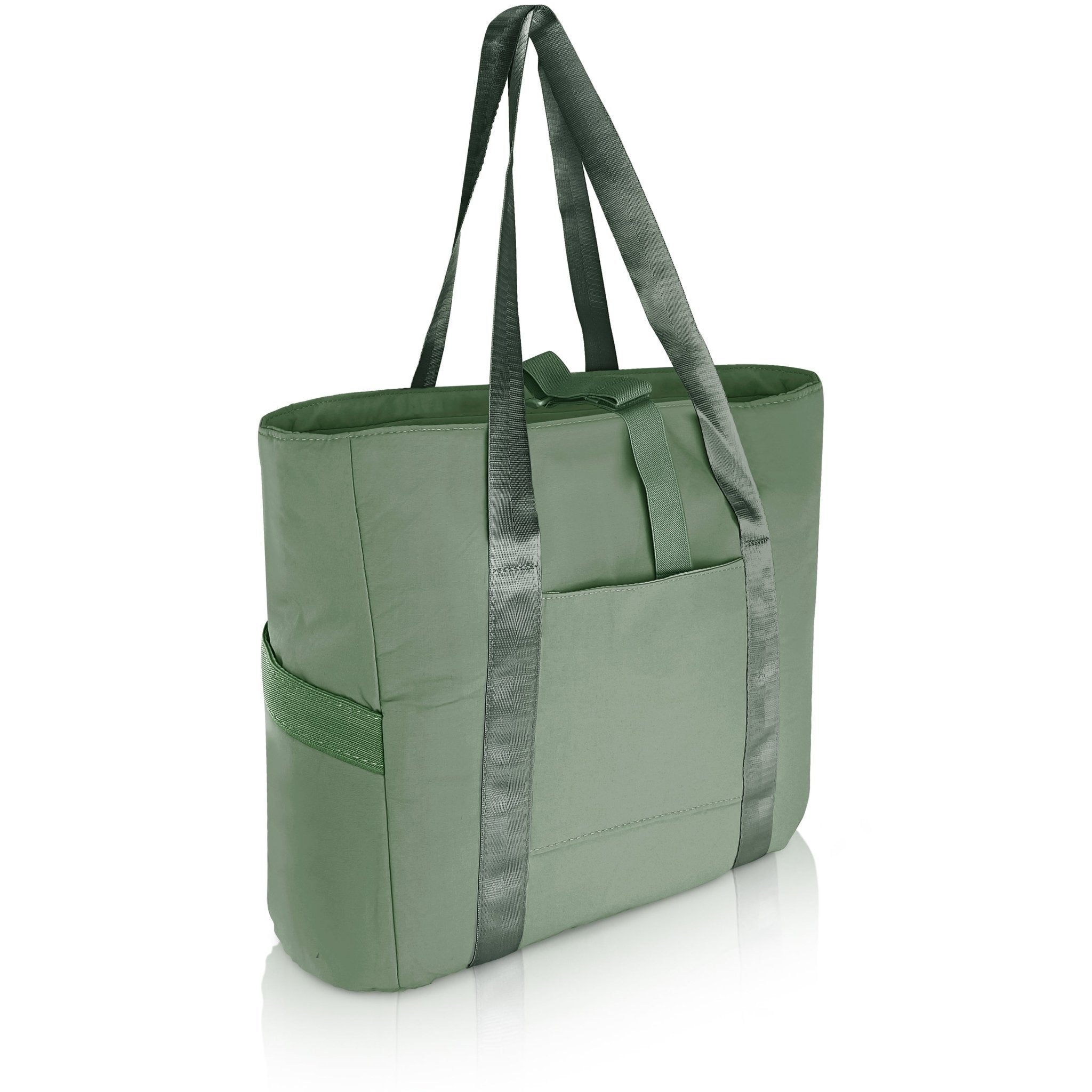A 3/4 angle studio shot of the empty light green tote bag against a white background. The image displays the dual shoulder straps, the front slip pocket, and the side elastic pockets.