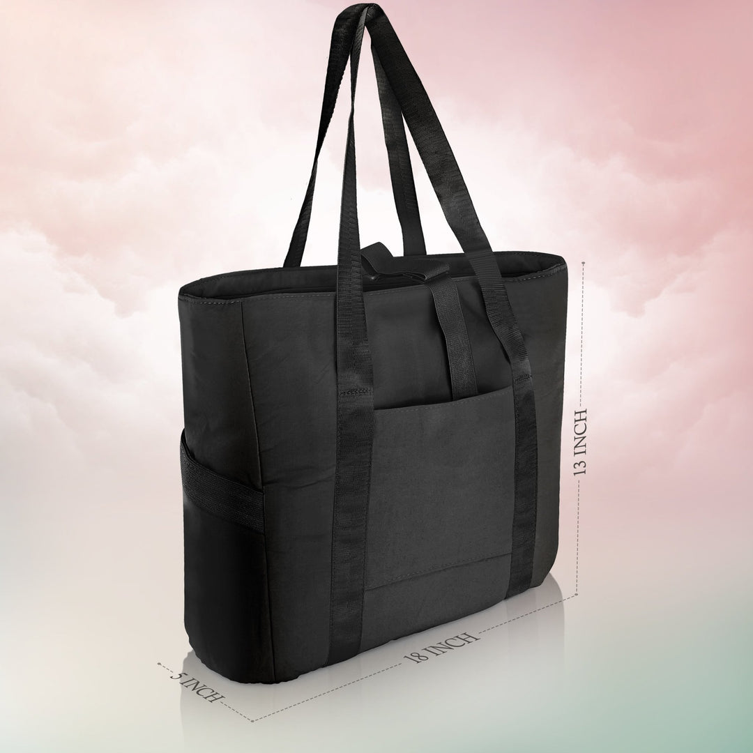 A product diagram showing the dimensions of the black tote bag. Dashed lines indicate the bag is "18 INCH" wide at the bottom, "13 INCH" tall, and "5 INCH" deep.