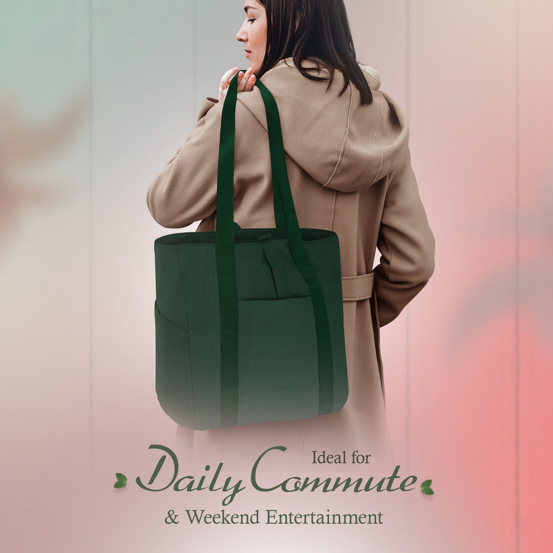 A lifestyle photo of a woman in a beige coat carrying the dark green tote bag over her shoulder, viewed from behind. Text at the bottom states, "Ideal for Daily Commute & Weekend Entertainment."