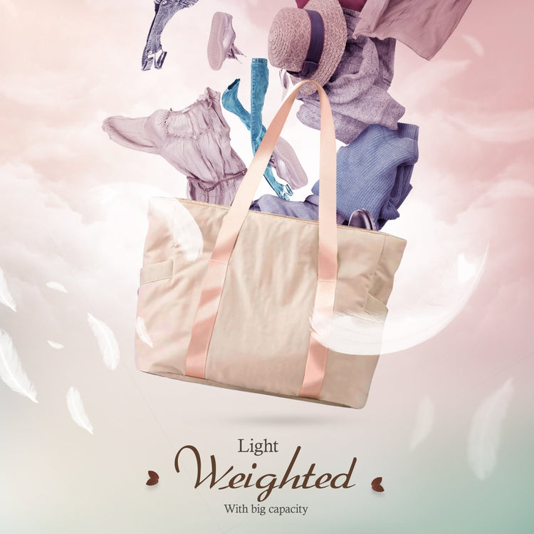A creative composite image showing the apricot tote bag floating among clouds and white feathers. Various clothing items, including jeans, a hat, and a dress, appear to be floating out of the bag, illustrating its storage potential. Text reads, "Light Weighted With big capacity."