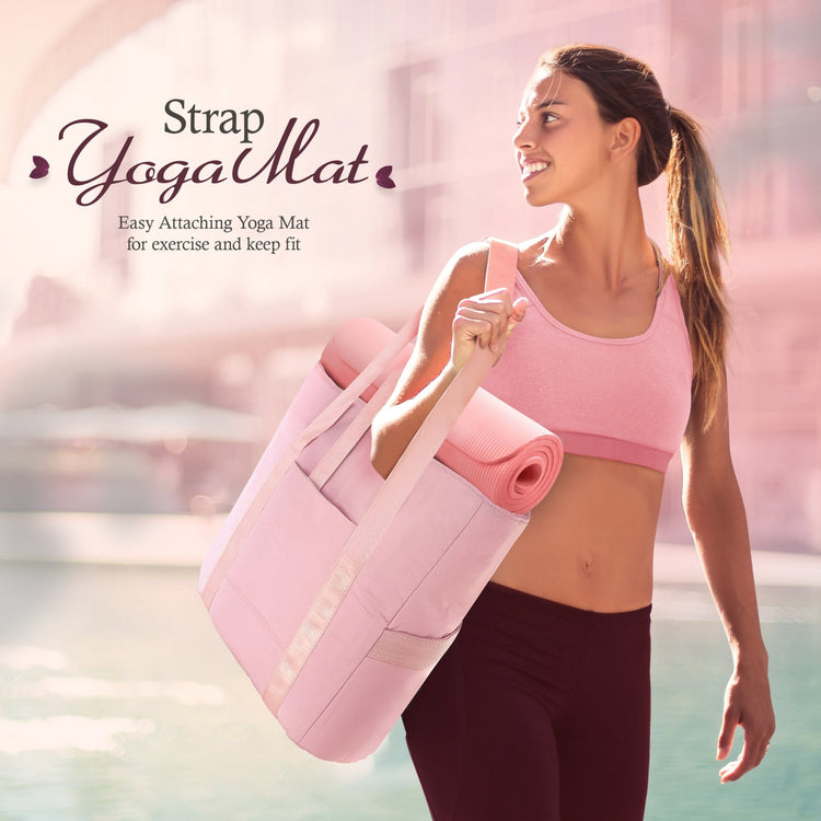 A lifestyle shot of a smiling woman in athletic wear carrying the light pink tote bag on her shoulder. A rolled light pink yoga mat is secured horizontally through the bag's straps. Text reads, "Strap Yoga Mat: Easy Attaching Yoga Mat for exercise and keep fit."