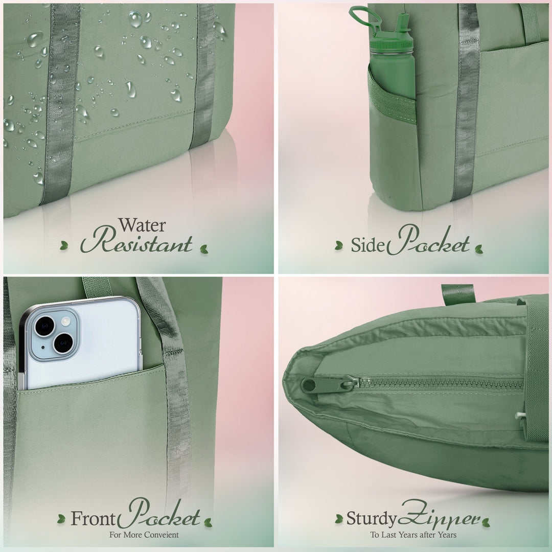 A grid layout displaying four key features of the light green tote bag. Top left: water droplets sitting on the fabric with the text "Water Resistant." Top right: a water bottle tucked into the "Side Pocket." Bottom left: a smartphone placed inside the "Front Pocket." Bottom right: a close-up of the "Sturdy Zipper."