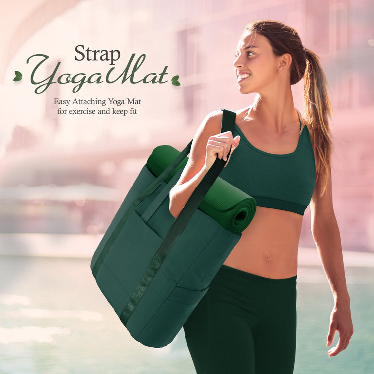 A lifestyle shot of a smiling woman in athletic wear carrying the dark green tote bag on her shoulder. A rolled dark green yoga mat is secured horizontally through the bag's straps. Text reads, "Strap Yoga Mat: Easy Attaching Yoga Mat for exercise and keep fit."